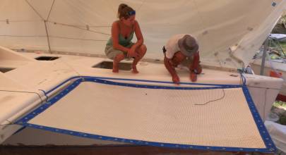 Amanda and Jon aligning the trampoline so they can mark the sides