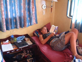 Amanda relaxing in her cabin on Lobo de Mar