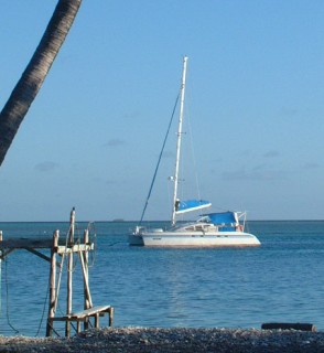 Ocelot moored in Anse Amyot, at the northwest end of Toau Atoll