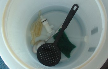 Spoons, spigot, water-trap & scrub-pad sterilizing in carboy