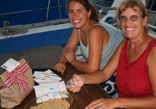 Birthday at sea, with an apple crisp as cake.