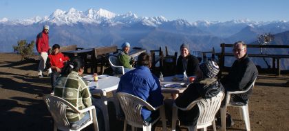 Breakfast looking north at fresh mountain snow