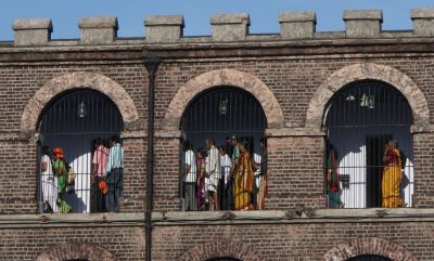 Indian tourists inside "cellular jail", the old political prison