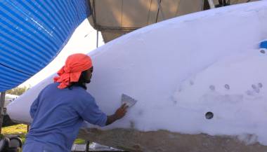 Chai filling a flat spot in the outside of the starboard sugar-scoop