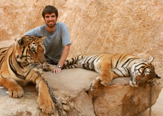 Chris with 2 Indo-Chinese Tigers. No, they're definitely not drugged.