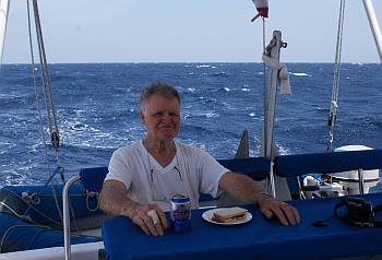 Colin enjoys lunch downwind in 30 knots