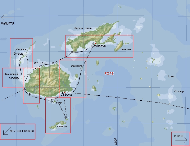 Our tracks and anchorages through the Fiji archipelago
