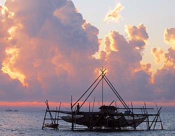 Fishing platform off the Kalimantan coast at dawn