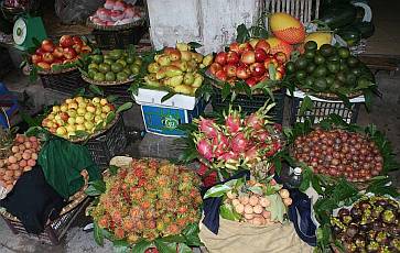 Colorful fruit stall: Mangosteen, Rambutan, Dragon...