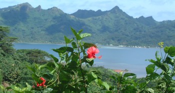 One of many fine views of the Huahine lagoon and interior.