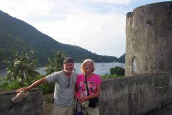 Exploring Fort Belgica, Ocelot anchored behind