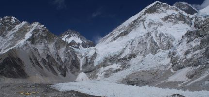 Everest (behind) above the notorious Khumbu Ice-fall