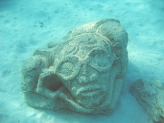 One of more than a dozen underwater stone Tikis in Moorea