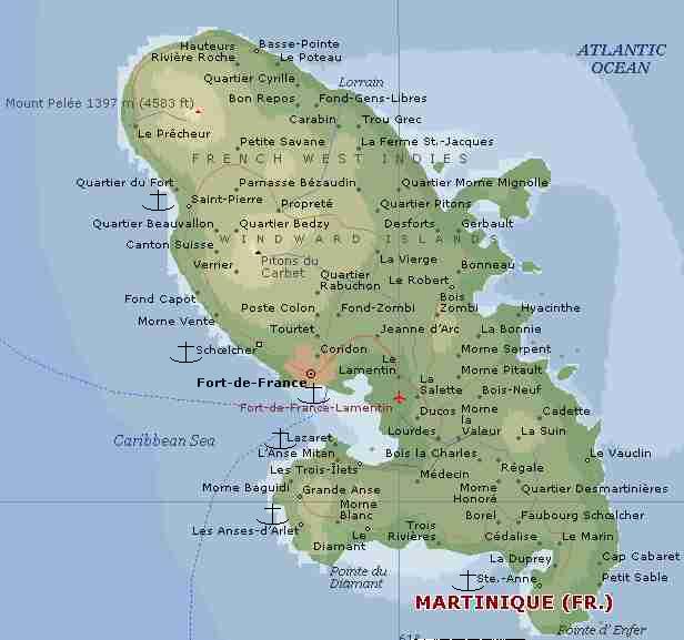 A detailed map of Martinique, showing our anchorages