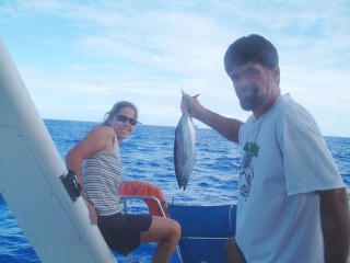 We caught one tuna as we left Maupiti. It made a little more than 2 meals, and we didn't catch any more for the rest of the passage.