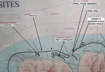 NW corner of Moorea, with our dive sites & anchorage marked
