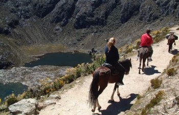 Amanda and Chris on mules at 13,000'. Anteojos lakes below.