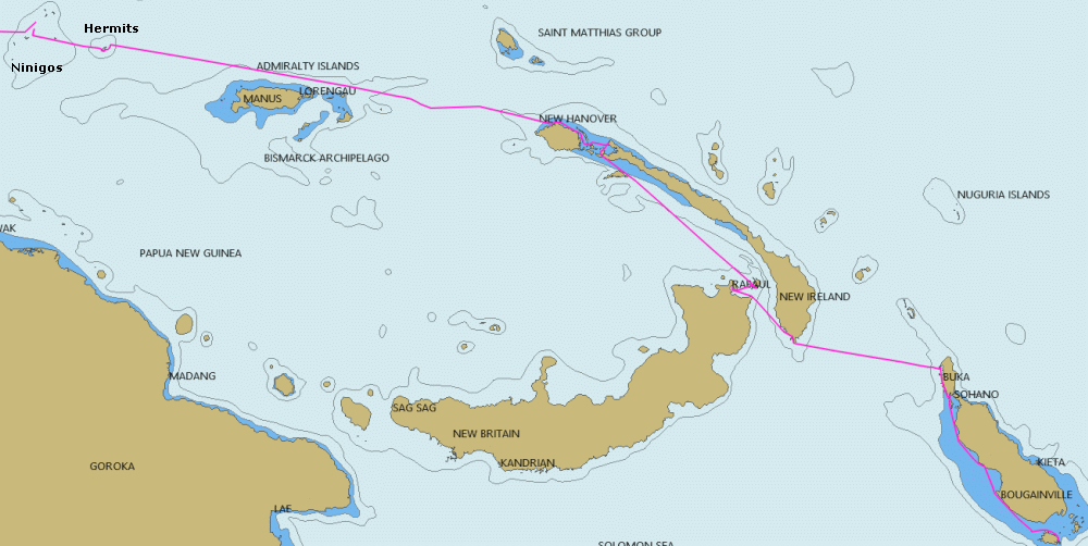 Ocelot's 2019 track through northern Papua New Guinea, from the Ninigos (upper left) through Bougainville