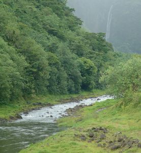 2 waterfalls in the mist, looking up the Papenoo River Valley