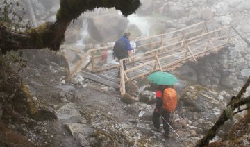 Crossing the PrekChu in mist & snow, Sikkim, India