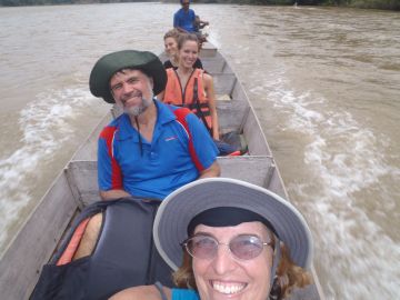 Going up river in a perahu: Sue, Jon, Katie, Sophie