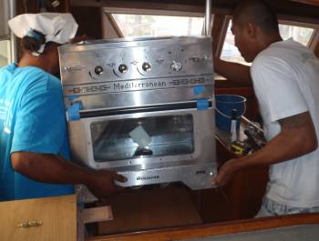 Houa and Golf testing the placement of our new stove/oven