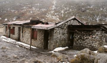 Thangsing hut ravaged by wind, rock,and snow. Sikkim, India
