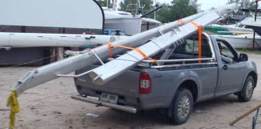 Luck's truck leaving with our boom, forebeam, & anchor support