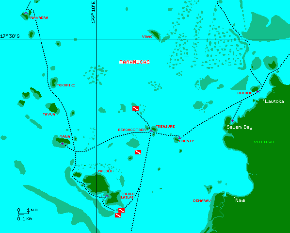 Map of the Mamanucas, showing our dive sites