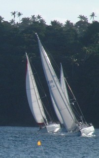 Three boats approach the mark. Exciting times racing boats in Neiafu.